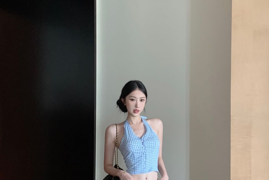 Top Gingham Leg Low Wide V-Neck Pants Halter Crop / Waist Button-Up