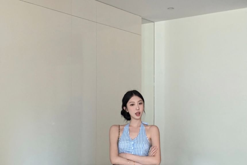 Top Gingham Leg Low Wide V-Neck Pants Halter Crop / Waist Button-Up