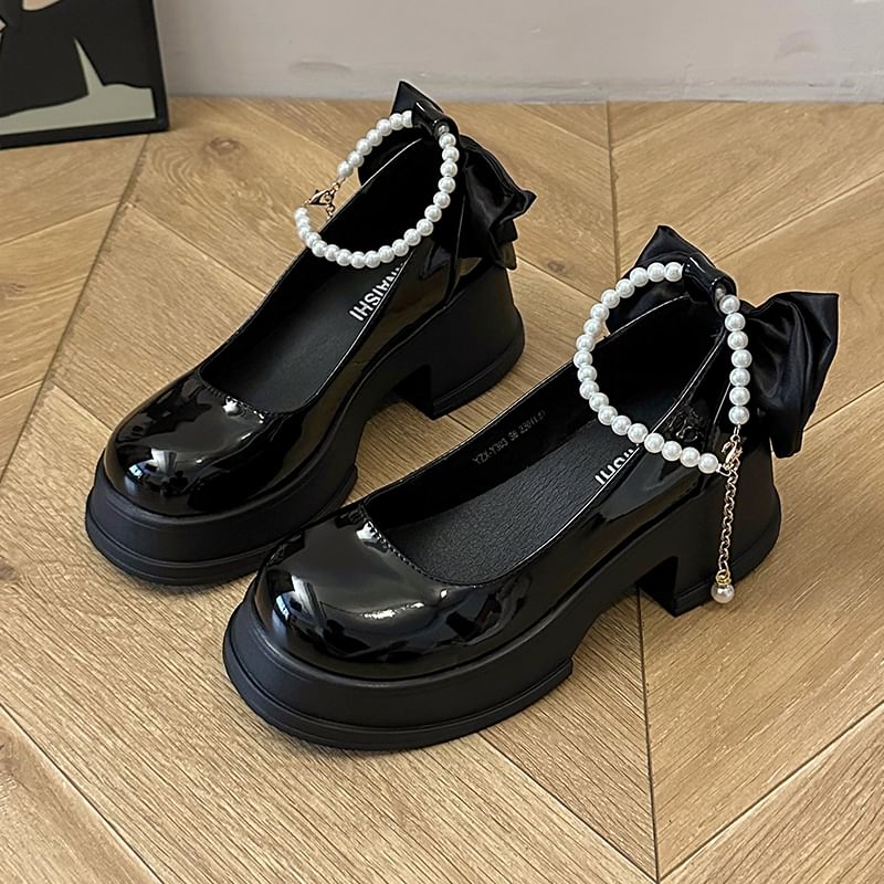 Platform Strap Ankle Patent Bow Leather Pumps