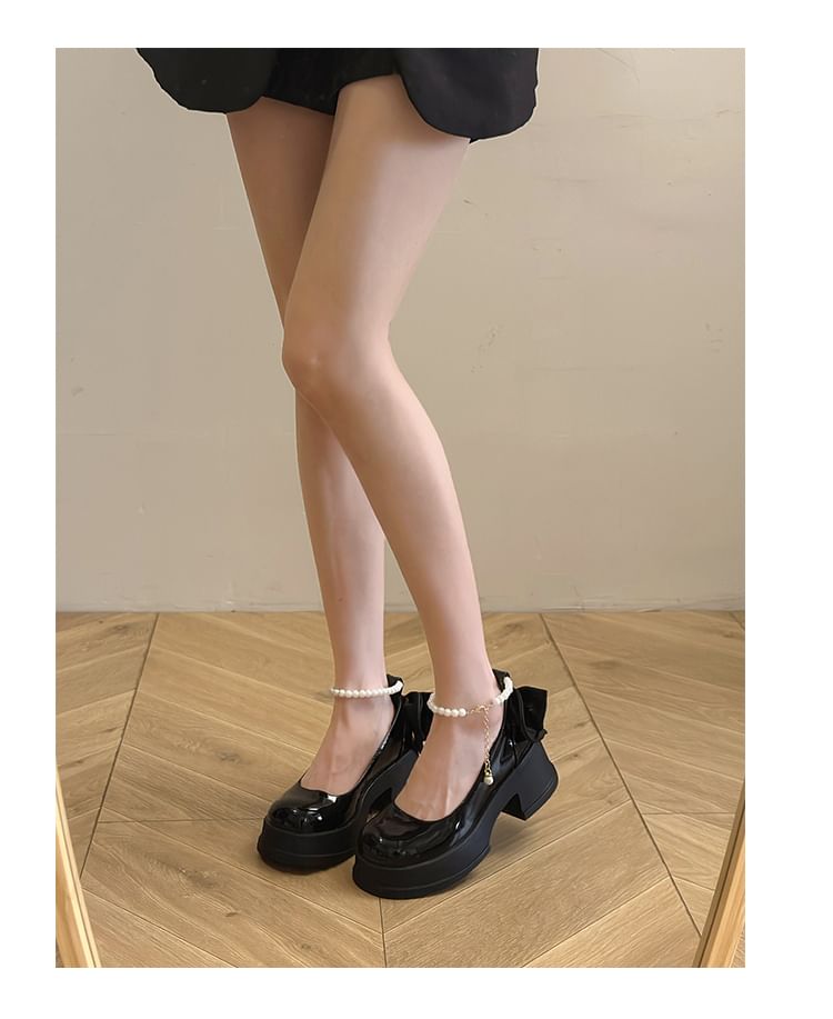 Platform Strap Ankle Patent Bow Leather Pumps