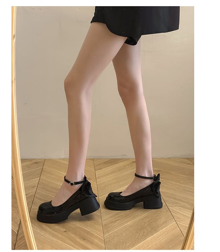Platform Strap Ankle Patent Bow Leather Pumps
