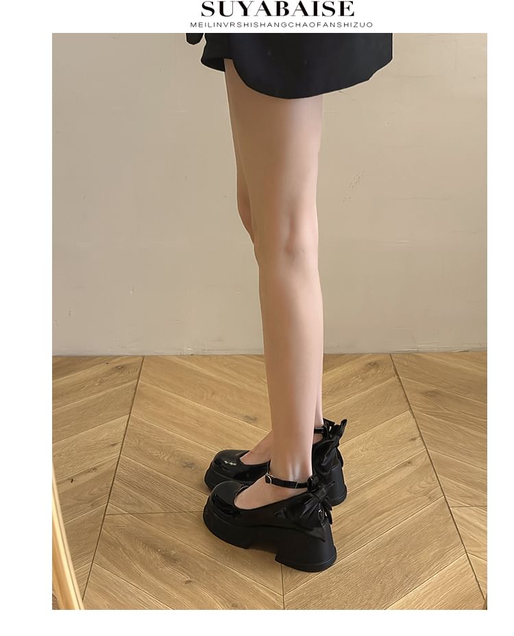 Platform Strap Ankle Patent Bow Leather Pumps