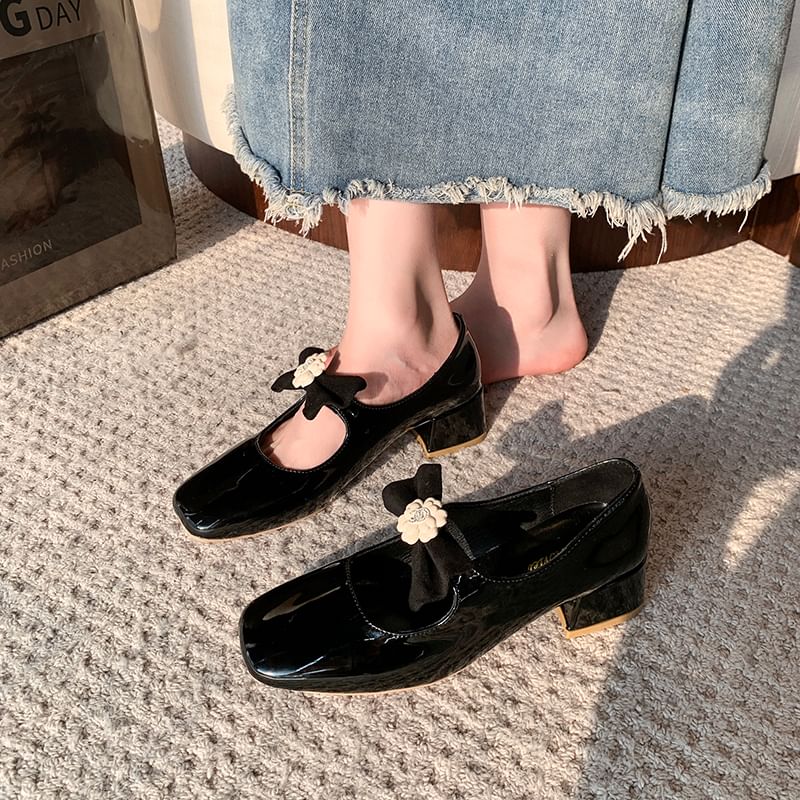 Bow Jane Toe Square Flower Pumps Mary Heel Block