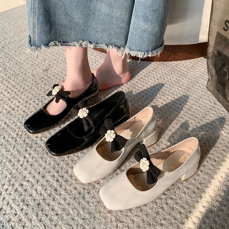 Bow Jane Toe Square Flower Pumps Mary Heel Block