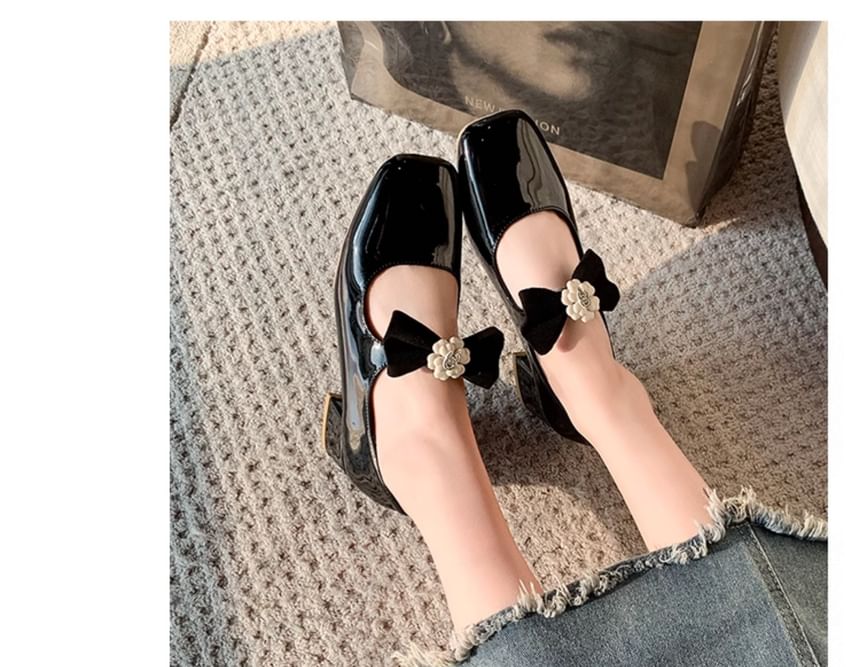 Bow Jane Toe Square Flower Pumps Mary Heel Block