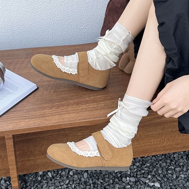 Suede Faux Trim Mary Jane Lace Flats