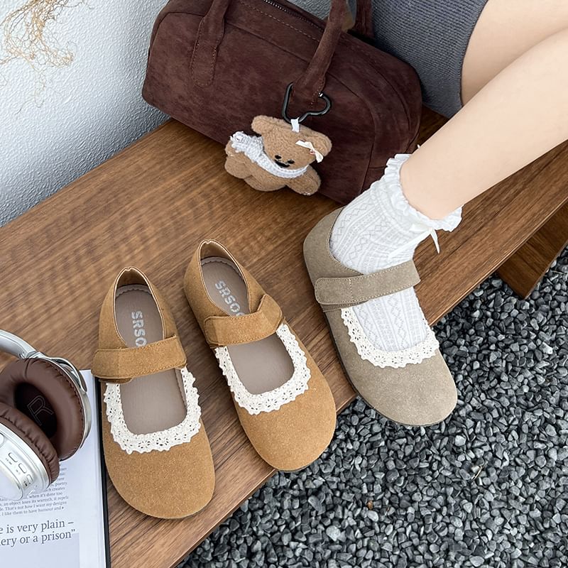 Suede Faux Trim Mary Jane Lace Flats