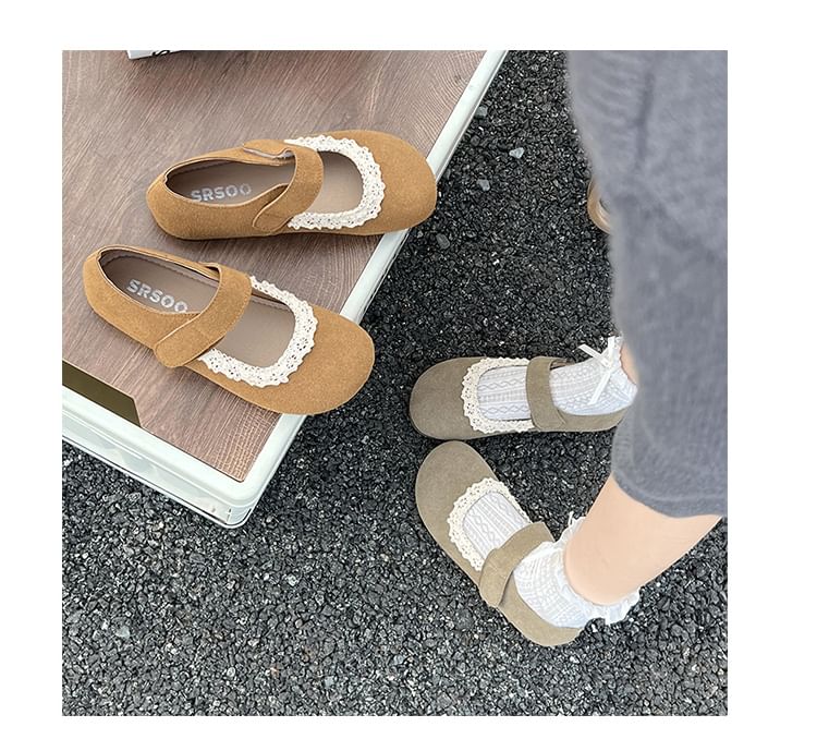 Suede Faux Trim Mary Jane Lace Flats