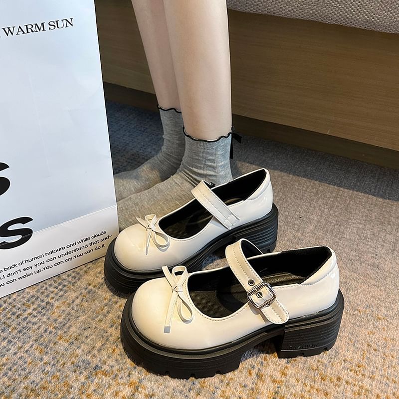 Patent Platform Leather Shoes Bow Mary