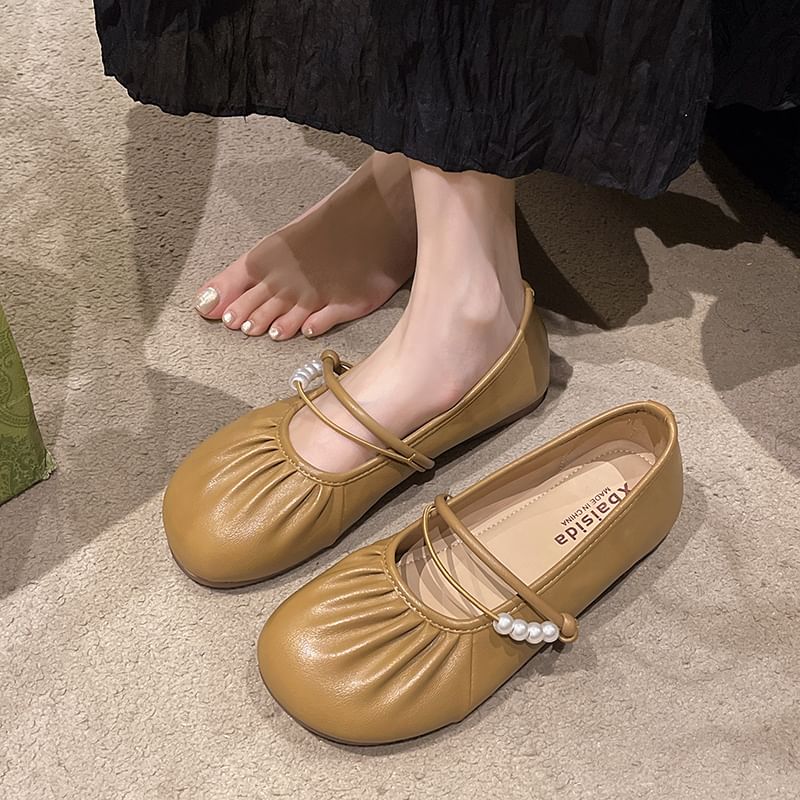 Mary Faux Pearl Jane Ruched Beaded Flats