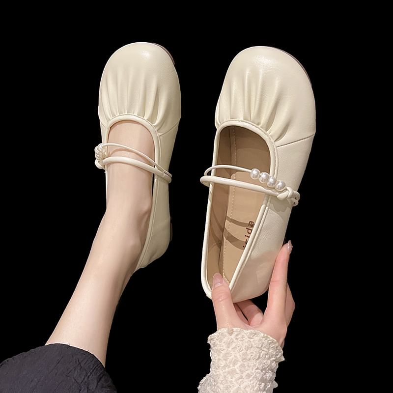 Mary Faux Pearl Jane Ruched Beaded Flats