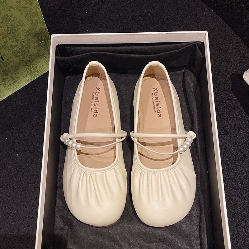 Mary Faux Pearl Jane Ruched Beaded Flats