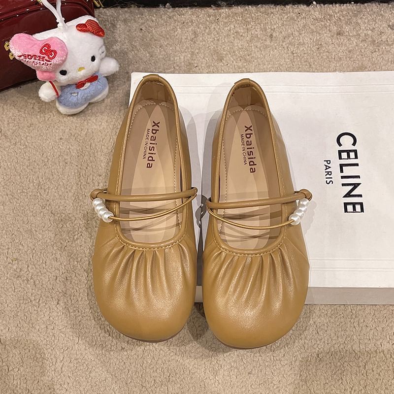 Mary Faux Pearl Jane Ruched Beaded Flats