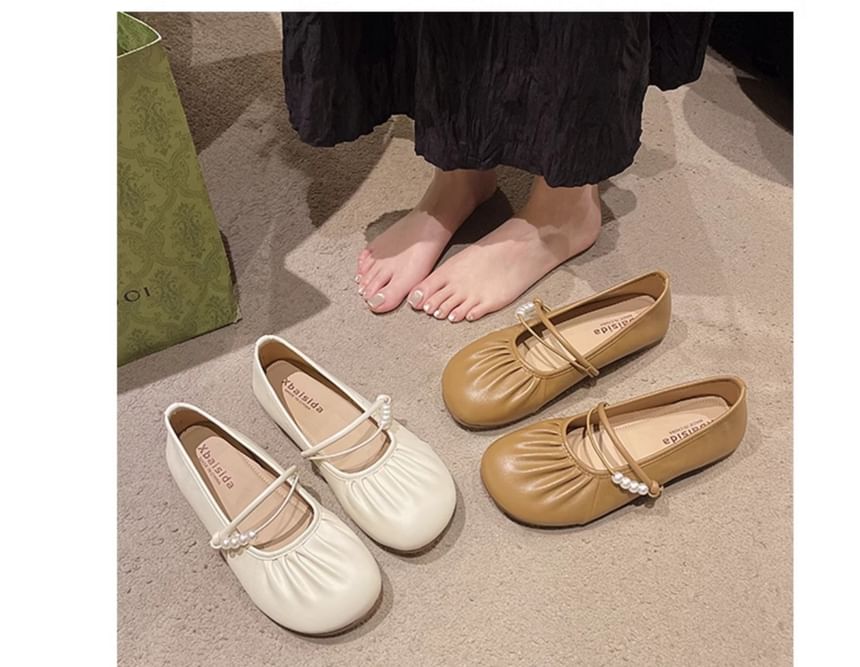 Mary Faux Pearl Jane Ruched Beaded Flats