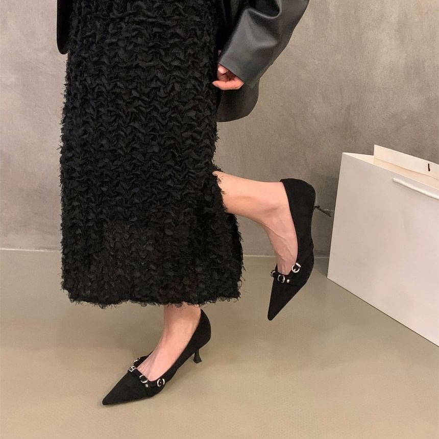 Buckled Pointed Heel Kitten Toe Pumps