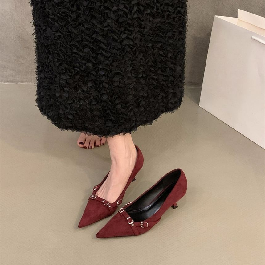 Buckled Pointed Heel Kitten Toe Pumps