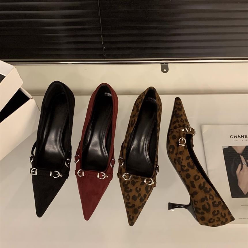 Buckled Pointed Heel Kitten Toe Pumps