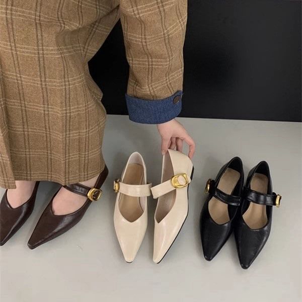 Shoes Mary Leather Pointed Toe Faux Plain Jane