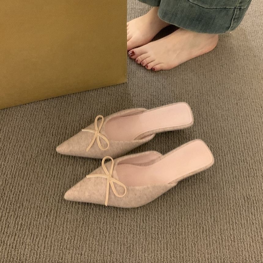 Accent Chunky Bow Pointed Heel Toe Plain Mules