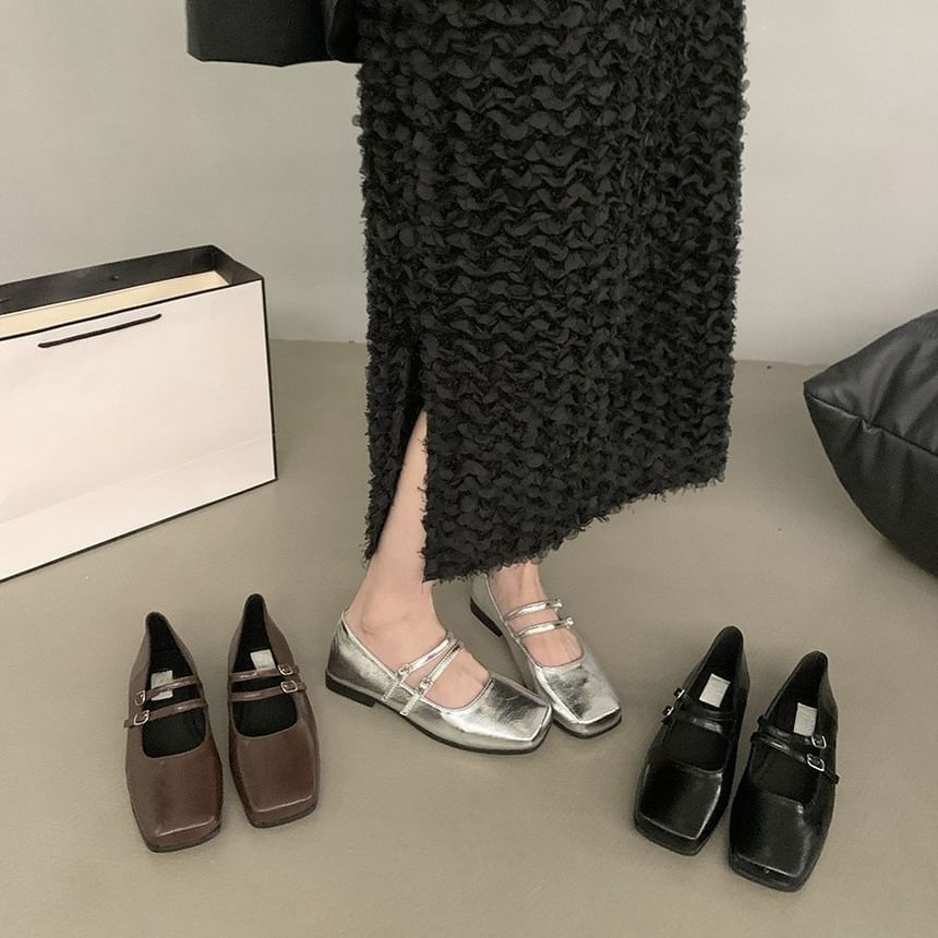 Double Mary Strap Faux Jane Shoes Leather Square Toe