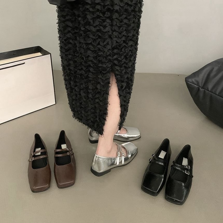 Double Mary Strap Faux Jane Shoes Leather Square Toe