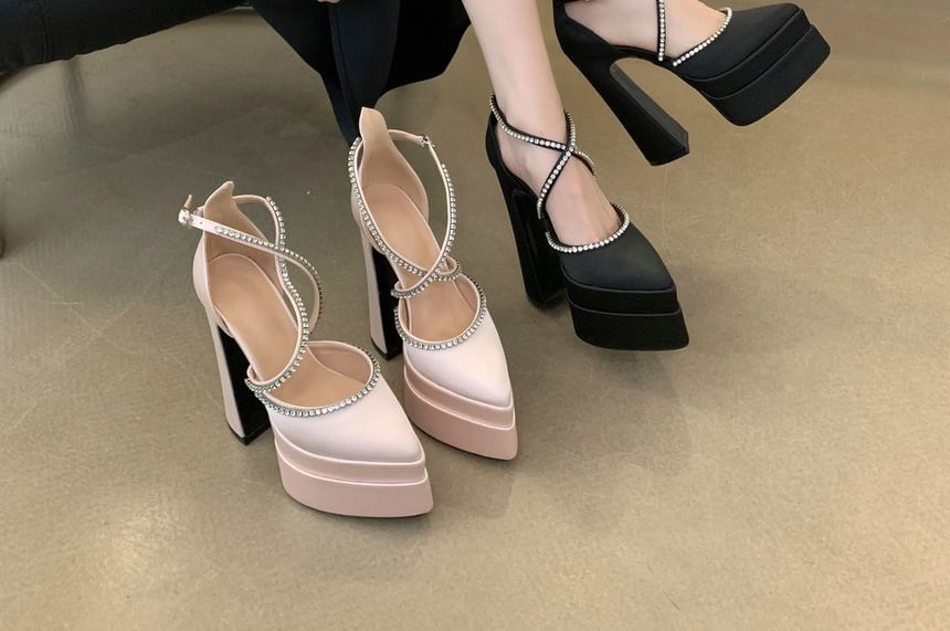 Chunky D'Orsay Heel Pointed Toe Pumps Rhinestone Accent