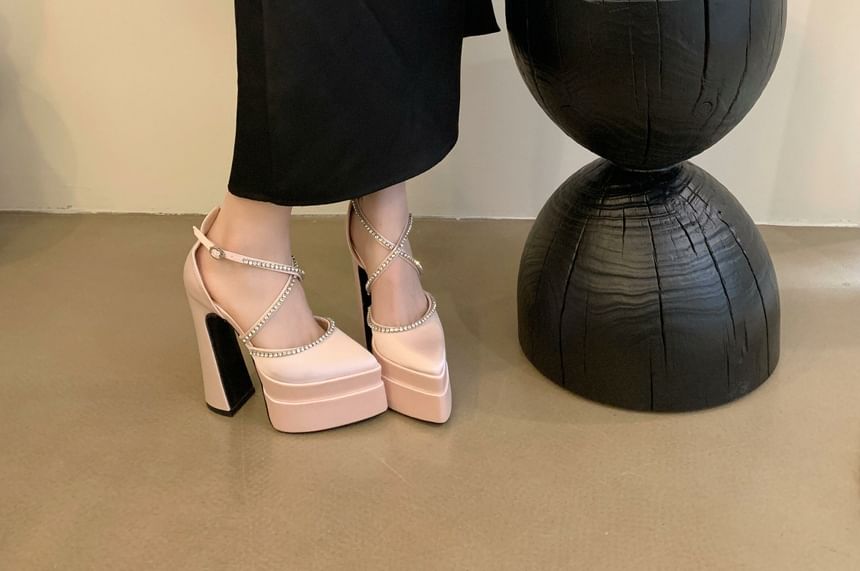 Chunky D'Orsay Heel Pointed Toe Pumps Rhinestone Accent