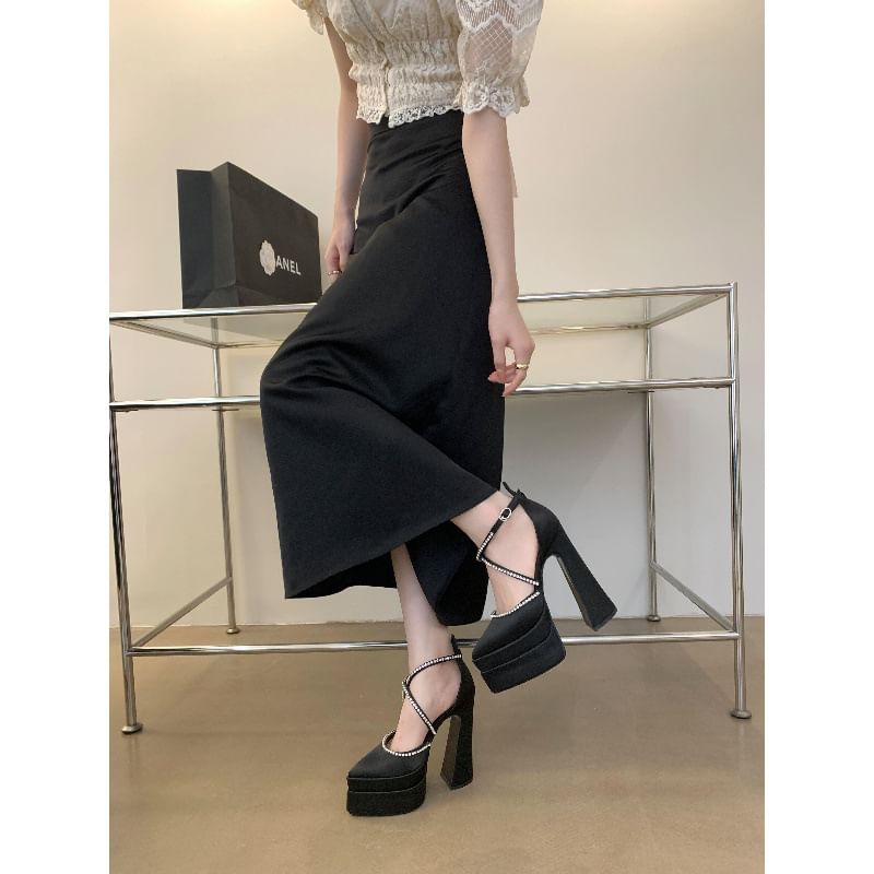 Chunky D'Orsay Heel Pointed Toe Pumps Rhinestone Accent