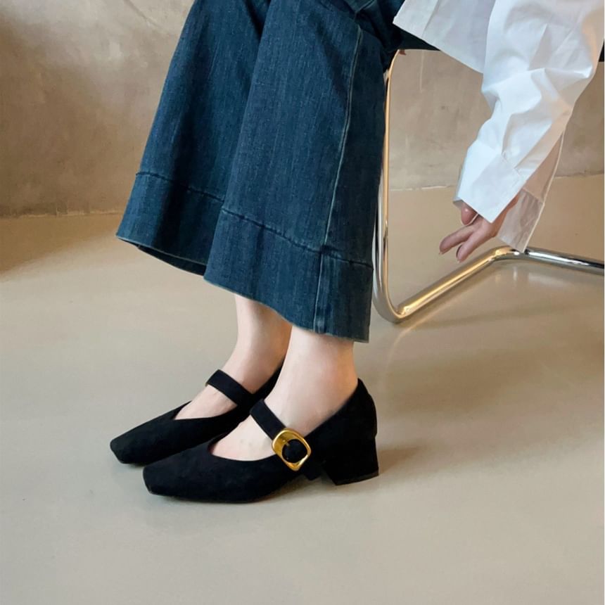 Pumps Suede Chunky Buckled Heel Jane Mary Faux