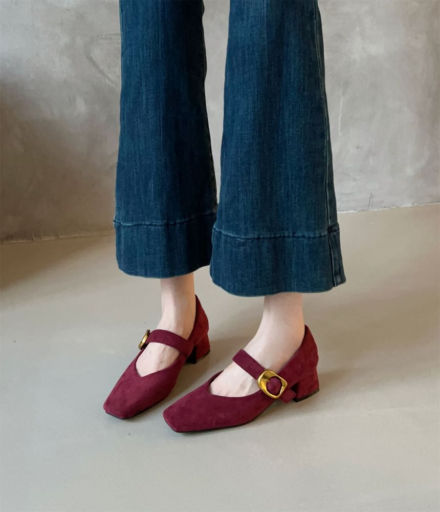 Pumps Suede Chunky Buckled Heel Jane Mary Faux