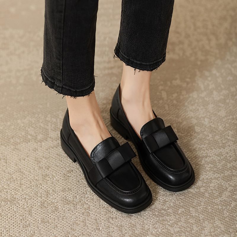 Bow Loafers Plain Accent Leather Faux