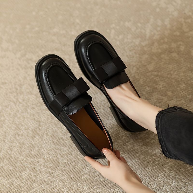 Bow Loafers Plain Accent Leather Faux