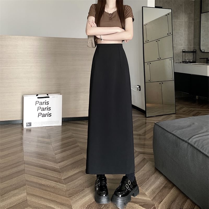 High Back-Slit A-Line Plain Rise Maxi Skirt