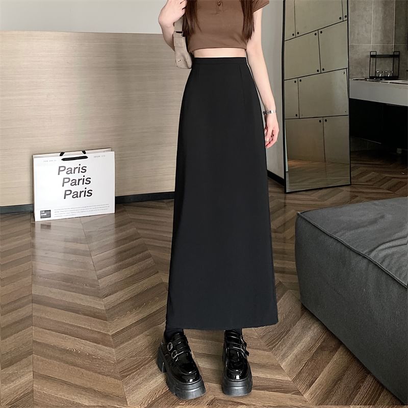 High Back-Slit A-Line Plain Rise Maxi Skirt