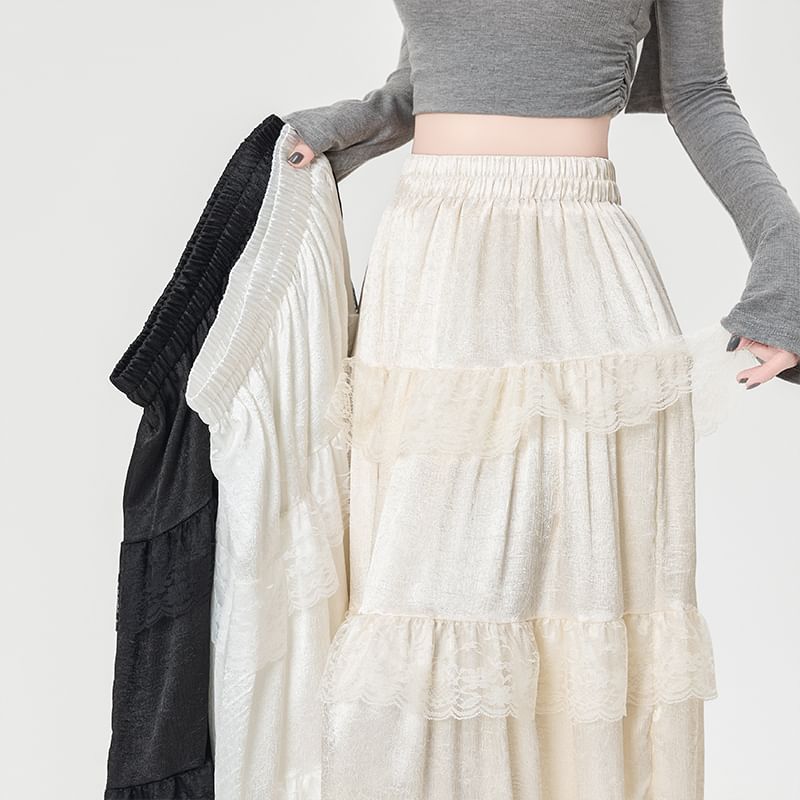 Plain Skirt Trim Lace A-Line Maxi Rise High