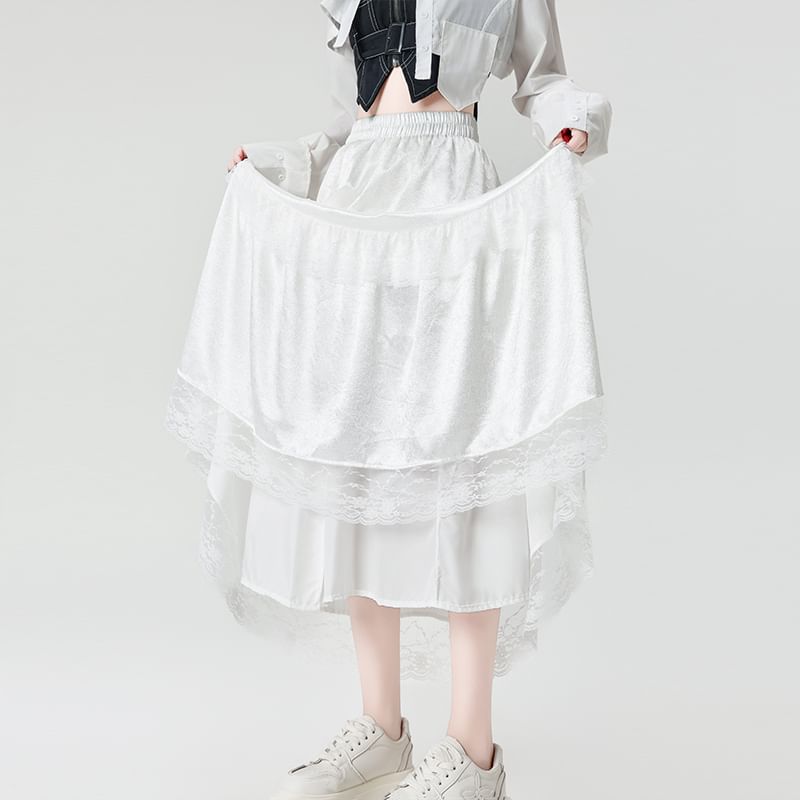 Plain Skirt Trim Lace A-Line Maxi Rise High