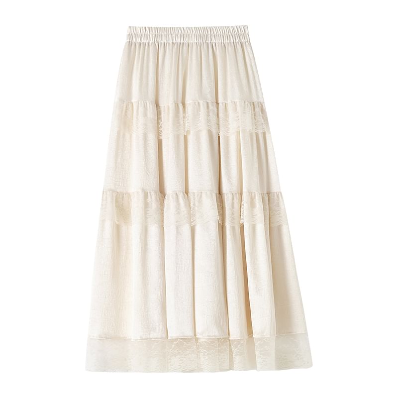 Plain Skirt Trim Lace A-Line Maxi Rise High
