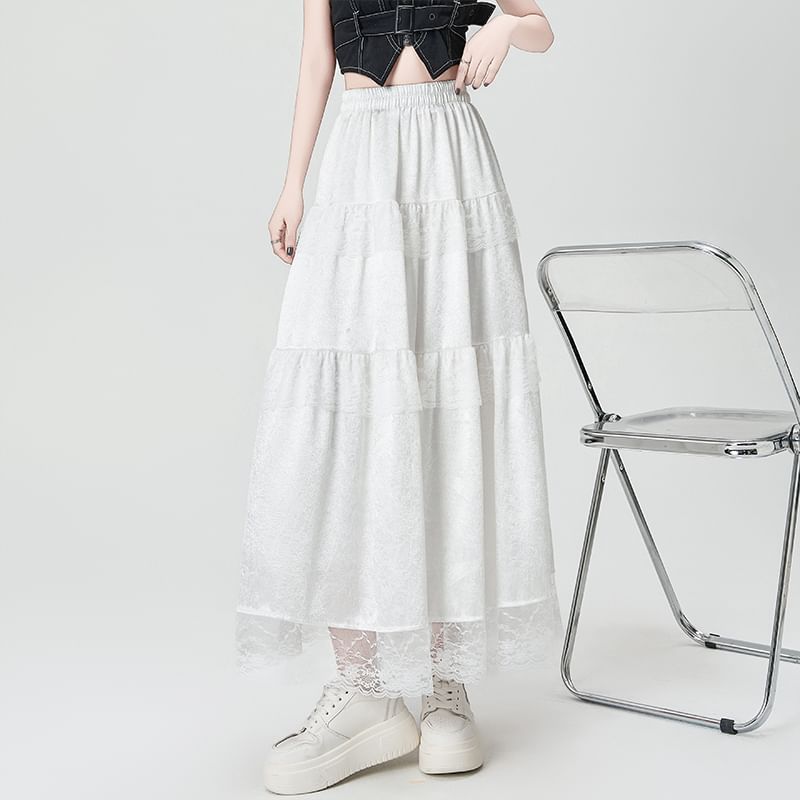 Plain Skirt Trim Lace A-Line Maxi Rise High