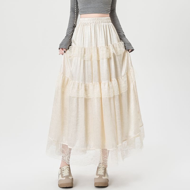 Plain Skirt Trim Lace A-Line Maxi Rise High