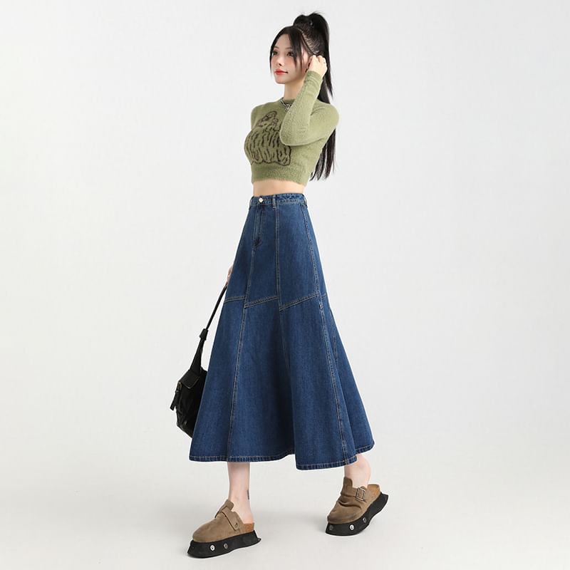 Contrast Skirt High Rise A-Line Midi Stitching Denim