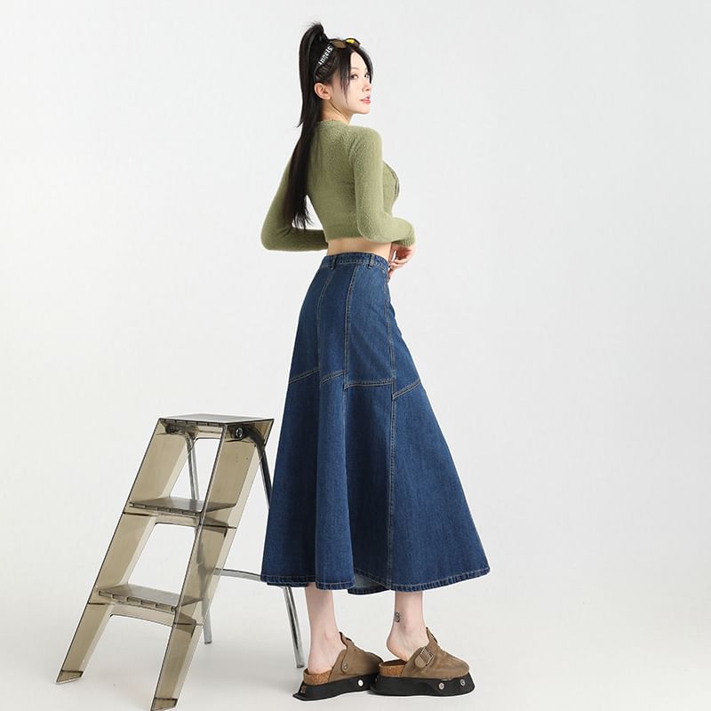 Contrast Skirt High Rise A-Line Midi Stitching Denim