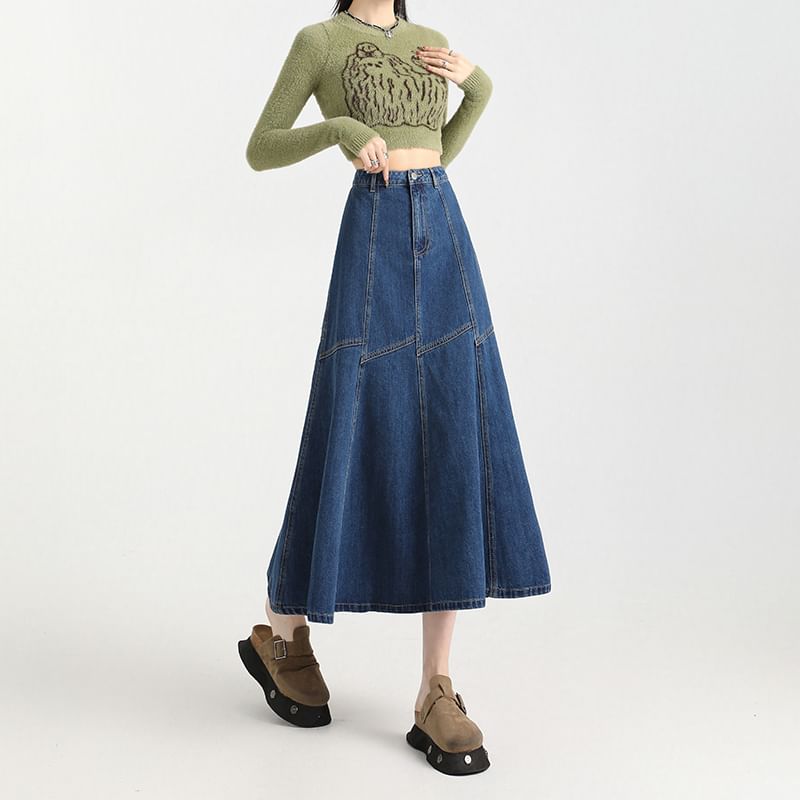 Contrast Skirt High Rise A-Line Midi Stitching Denim