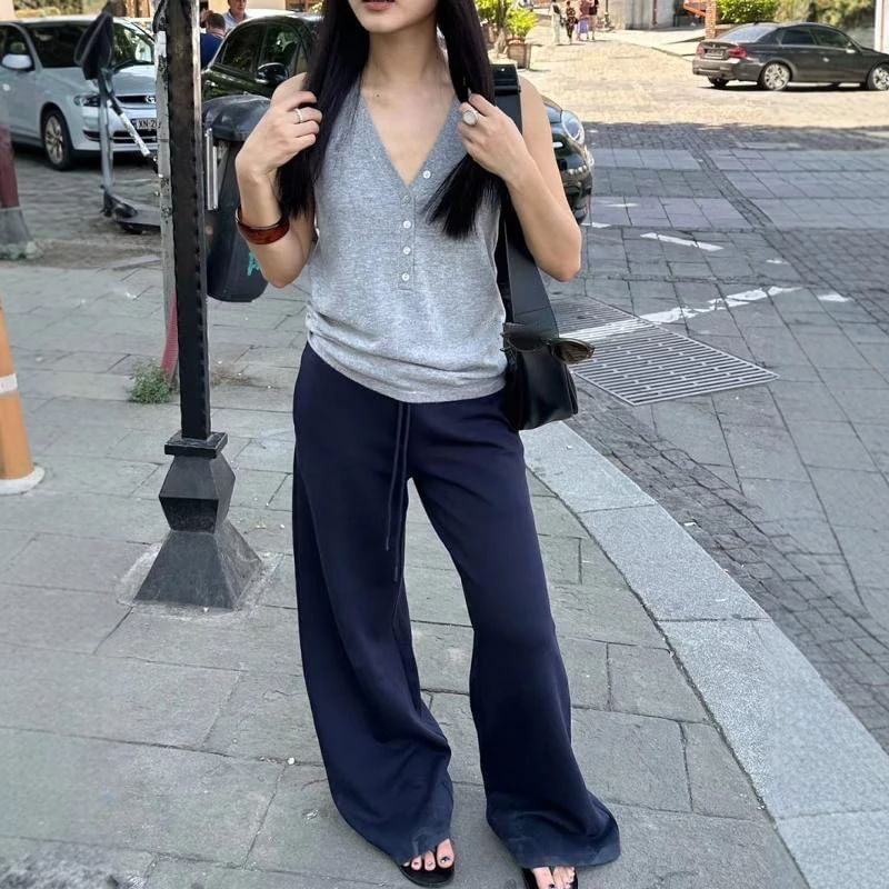 Plain Wide Rise High Pants Leg