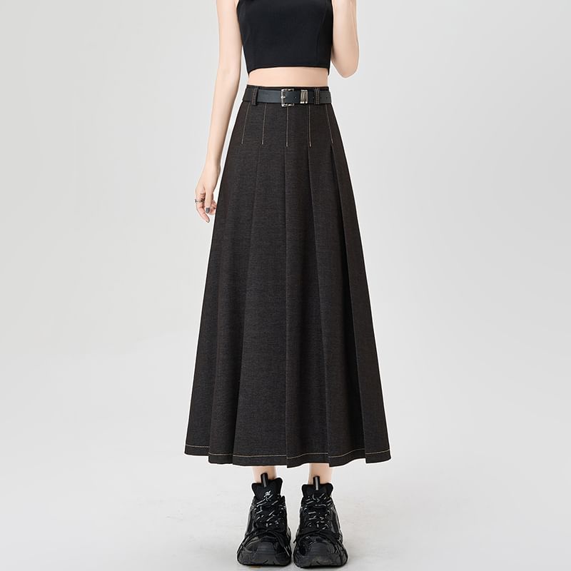 Accordion Rise Stitching Pleated Contrast High A-Line Denim Skirt Maxi