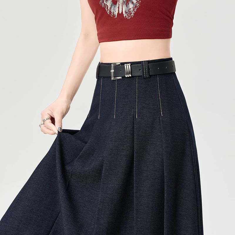 Accordion Rise Stitching Pleated Contrast High A-Line Denim Skirt Maxi