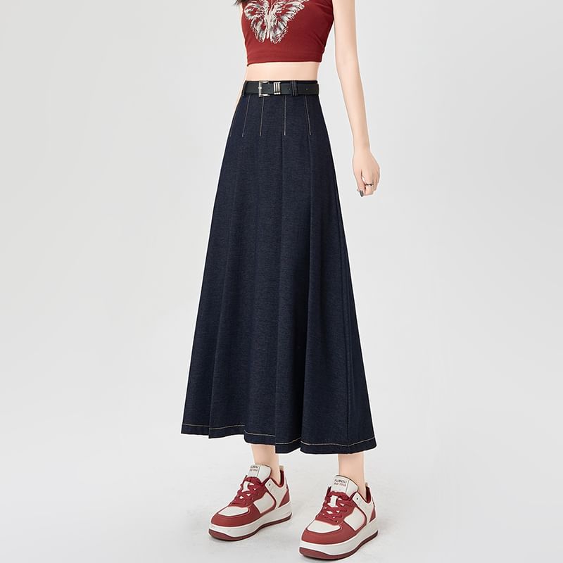 Accordion Rise Stitching Pleated Contrast High A-Line Denim Skirt Maxi
