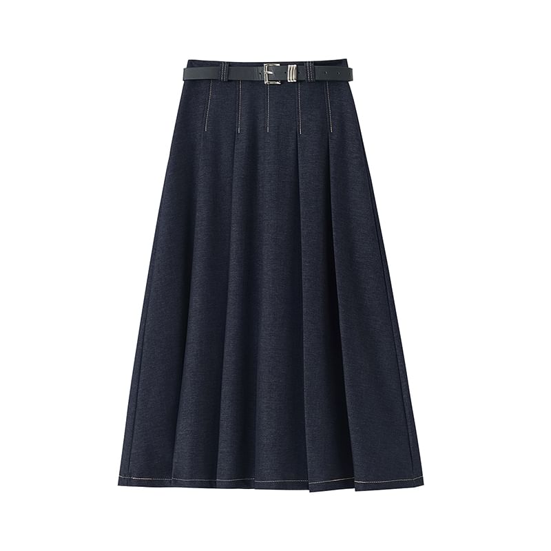 Accordion Rise Stitching Pleated Contrast High A-Line Denim Skirt Maxi