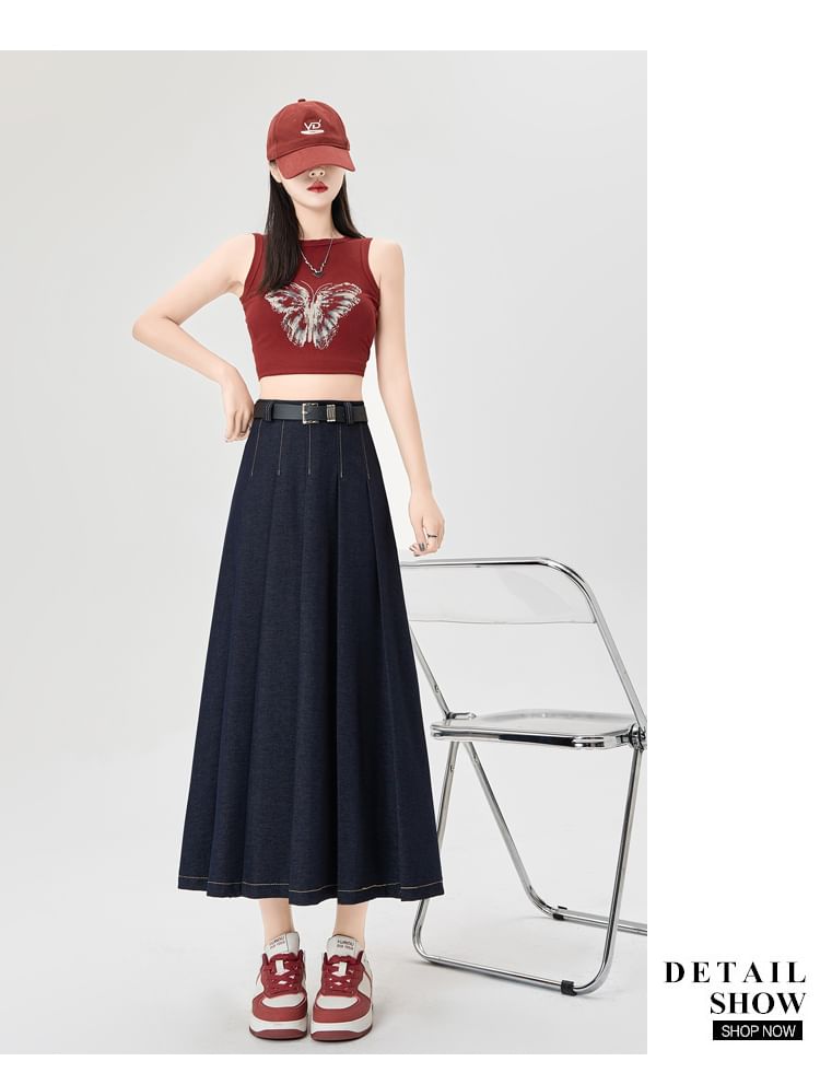 Accordion Rise Stitching Pleated Contrast High A-Line Denim Skirt Maxi