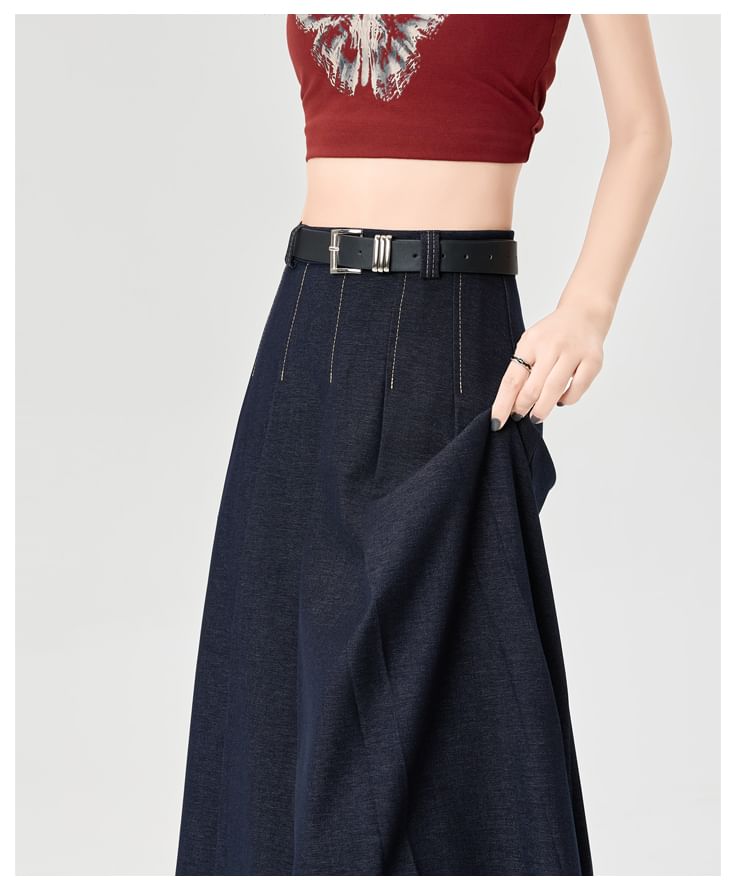 Accordion Rise Stitching Pleated Contrast High A-Line Denim Skirt Maxi