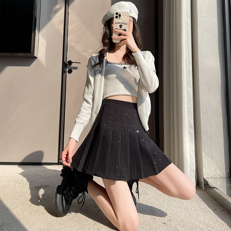 Pleated High Waist Skirt A-Line Sequin Mini